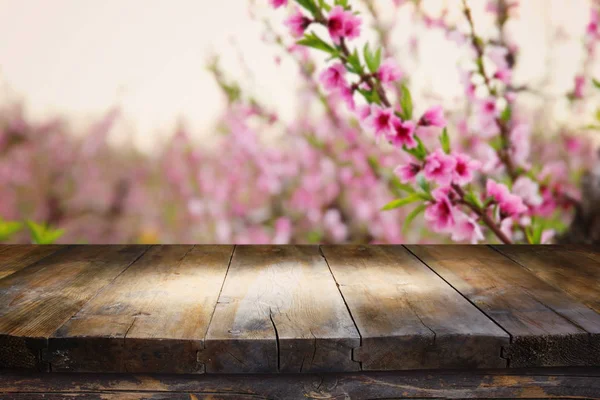 Дерев Яний Стіл Перед Весняним Квітучим Деревом Пейзаж — стокове фото