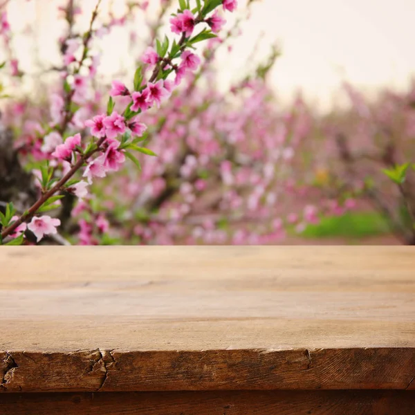 Деревянный Стол Перед Пейзажем Весеннего Цветения Деревьев — стоковое фото