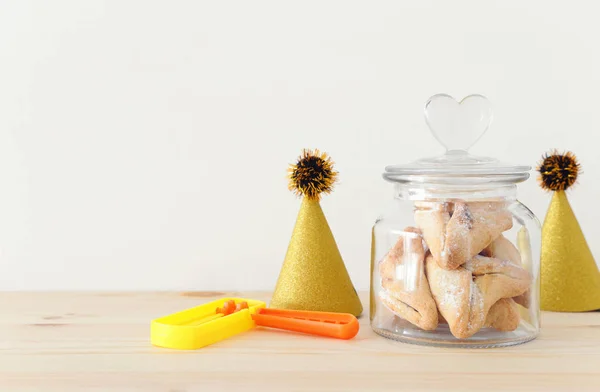 Purim Viering Concept Joods Carnaval Vakantie Traditionele Hamantaschen Cookies Houten — Stockfoto