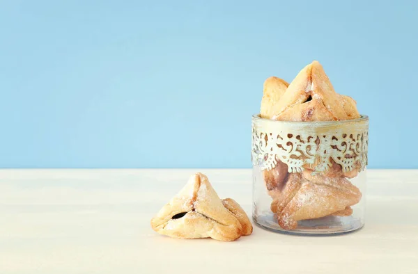 Purim Viering Concept Joods Carnaval Vakantie Traditionele Hamantaschen Cookies Houten — Stockfoto