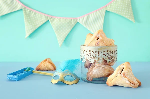 Purim Oslava Koncept Židovský Karneval Dovolená Přes Dřevěný Stůl — Stock fotografie