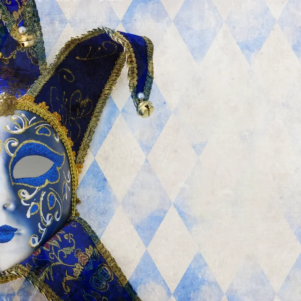 Blue Gold Elegant Traditional Venetian Mask White Wooden Background — Stock Photo, Image