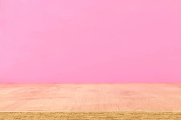 Mesa Vacía Frente Fondo Rosa Pastel Para Montaje Pantalla Producto —  Fotos de Stock