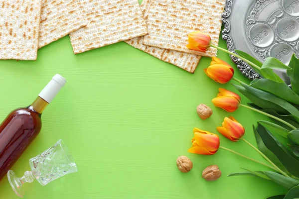 Pesah celebration concept (jewish Passover holiday). Top view, flat lay — Stock Photo, Image