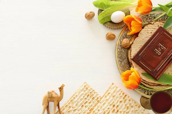 Pesah celebration concept (jewish Passover holiday). Top view, flat lay — Stock Photo, Image