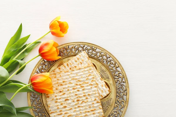 Pesah ünnep fogalma (zsidó húsvéti ünnep). Felülnézet, lapos lay — Stock Fotó