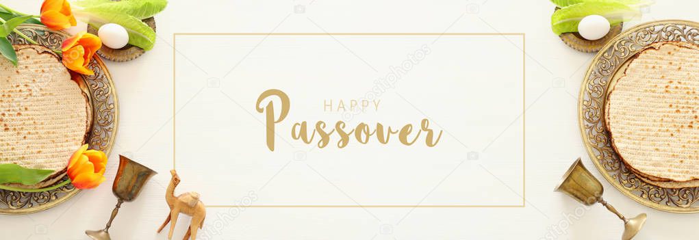 Pesah celebration concept (jewish Passover holiday). Top view, f