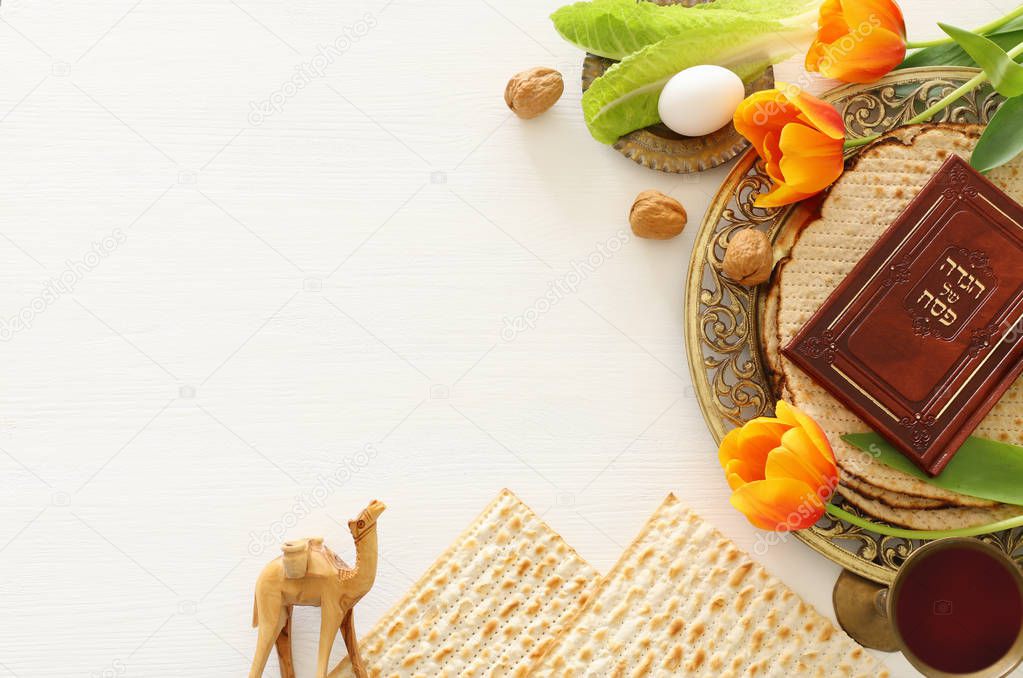 Pesah celebration concept (jewish Passover holiday). Top view, flat lay