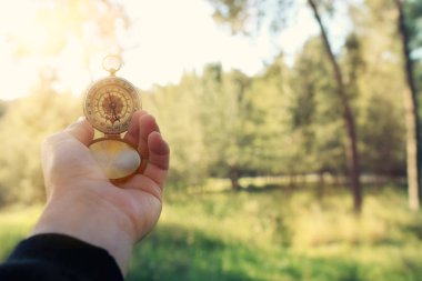 Ormanın içinde seyahat sırasında bir pusula tutan erkek el