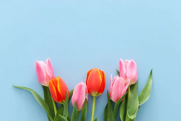 Bouquet of orange and pink tulips over pastel blue wooden background. Top view. — Stock Photo, Image