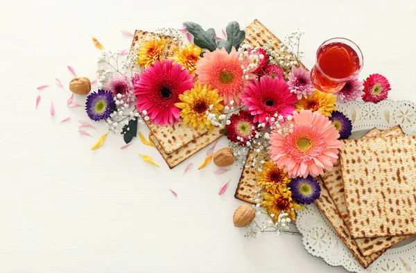 Concepto de celebración de Pesah (fiesta judía de Pascua). Vista superior plano laico —  Fotos de Stock