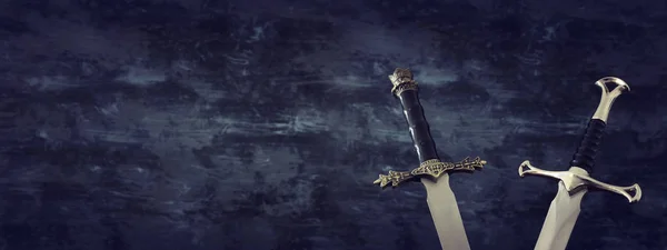 Låg nyckel banner av silver svärd. Fantasy medeltid — Stockfoto