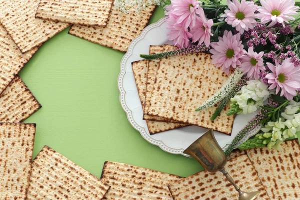 Έννοια γιορτή Pesah (Εβραϊκή αργία του Πάσχα). Το top view, επίπεδη lay — Φωτογραφία Αρχείου