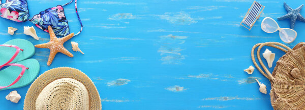 Tropical vacation and summer travel image with sea life style objects. Top view