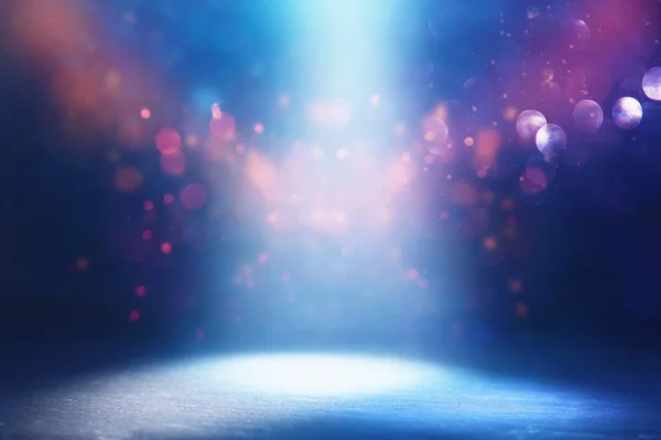 Abstract dark concentrate floor scene with mist or fog, spotlight, glitter light bokeh for display — Stock Photo, Image