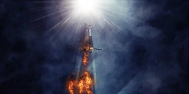 mysterious and magical photo of silver sword with fire flames over Gothic black background. Medieval period concept clipart