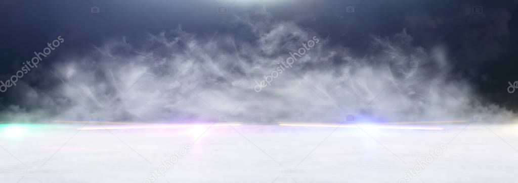 abstract dark concentrate floor scene with mist or fog, spotlight and display. banner