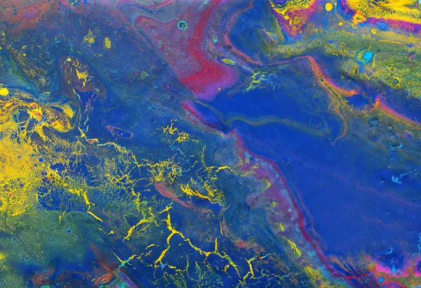 抽象的な大理石の効果の背景の写真。黄色、青、紫、赤のクリエイティブな色。美しい塗料 — ストック写真