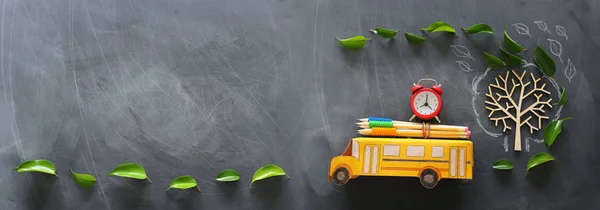 Istruzione e ritorno al concetto di scuola. Foto vista dall'alto di scuolabus e matite sul tetto accanto all'albero con foglie autunnali su sfondo lavagna classe. vista dall'alto, posizione piatta — Foto Stock