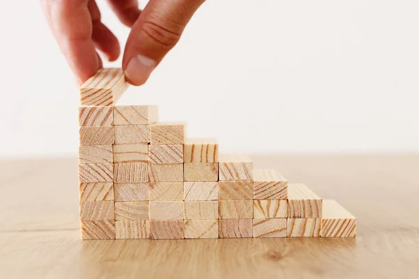 Business image of arranging wood blocks stacking as step stairs. Success and development concept — Stock Photo, Image