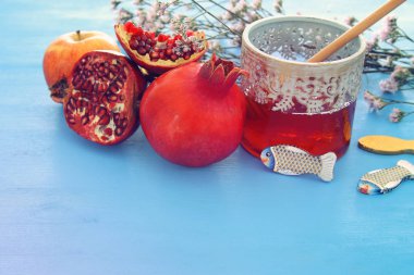 Rosh hashanah 'ın (Yahudi Yeni Yıl Tatili) dini imajı. Geleneksel semboller