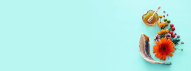 din görüntü Rosh aşana (Yahudi yeni yıl tatili) kavramı. Ahşap Mint Mavi Pastel arka plan üzerinde geleneksel Semboller