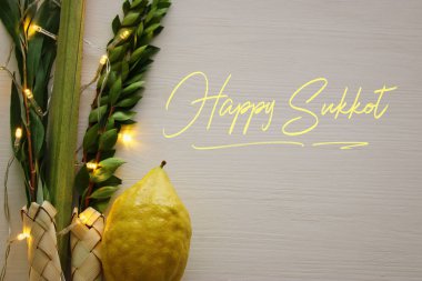 Sukkot Yahudi bayramı. Geleneksel Semboller (dört tür): Etrog, lulav, hadas, arava