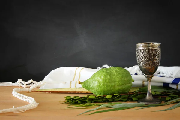 Sukkot Yahudi bayramı. Geleneksel Semboller (dört tür): Etrog, lulav, hadas, arava — Stok fotoğraf