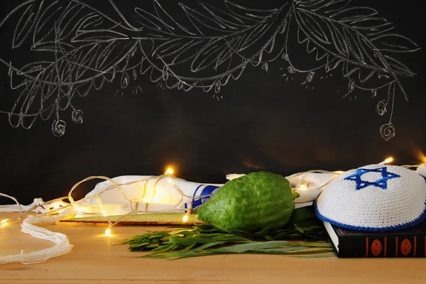 Judisk festival av Sukkot. Traditionella symboler (de fyra arterna): Etrog, lulav, hadas, arava — Stockfoto