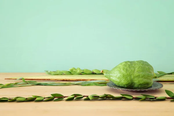 Judisk festival av Sukkot. Traditionella symboler (de fyra arterna): Etrog, lulav, hadas, arava — Stockfoto