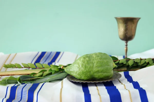 Festival judío de Sukkot. Símbolos tradicionales (Las cuatro especies): Etrog, lulav, hadas, arava —  Fotos de Stock