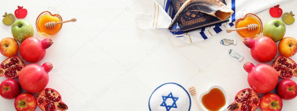religion image of Rosh hashanah (jewish New Year holiday) concept. Traditional symbols
