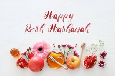 Rosh hashanah 'ın (Yahudi Yeni Yıl Tatili) dini imajı. Geleneksel semboller