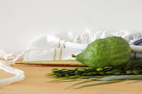 Židovský festival Sukot. Tradiční symboly (čtyři druhy): Etrog, lulav, hadas, arava — Stock fotografie