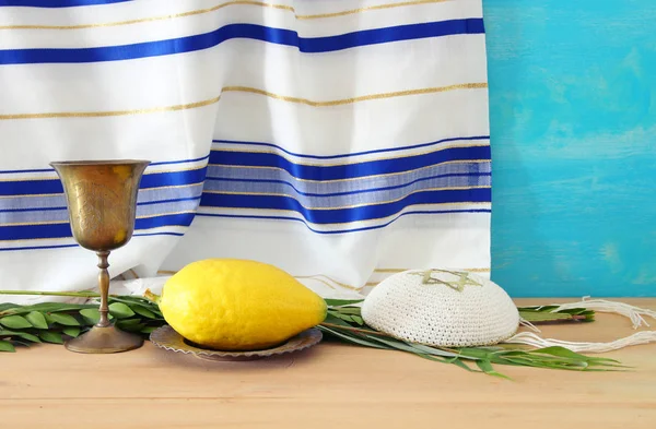 Festival judío de Sukkot. Símbolos tradicionales (Las cuatro especies): Etrog, lulav, hadas, arava — Foto de Stock