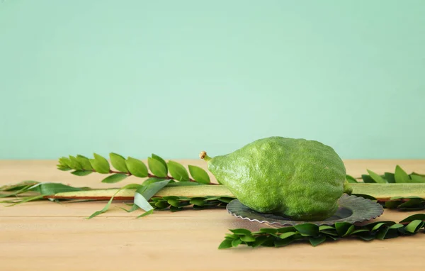 Judisk festival av Sukkot. Traditionella symboler (de fyra arterna): Etrog, lulav, hadas, arava — Stockfoto