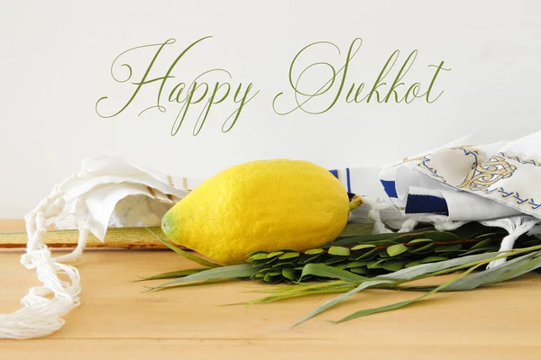 Judisk festival av Sukkot. Traditionella symboler (de fyra arterna): Etrog, lulav, hadas, arava — Stockfoto