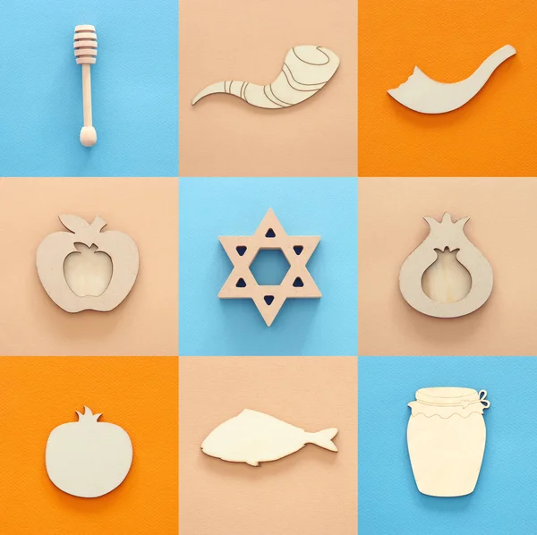Concepto de collage Rosh hashanah (fiesta judía de Año Nuevo). Símbolos tradicionales — Foto de Stock
