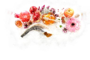 Rosh hashanah (Yahudi Yeni Yıl Tatili) kavramının suluboya tarzı ve soyut görüntüsü. Geleneksel semboller