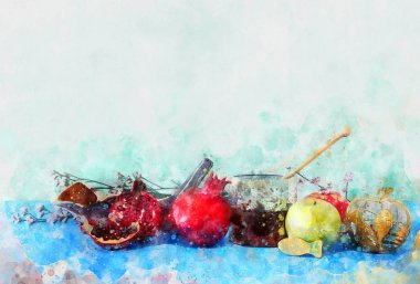 Rosh hashanah (Yahudi Yeni Yıl Tatili) kavramının suluboya tarzı ve soyut görüntüsü. Geleneksel semboller