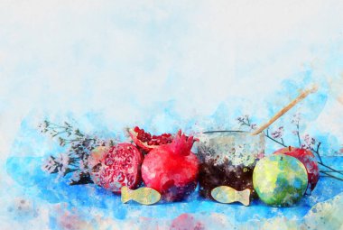 Rosh hashanah (Yahudi Yeni Yıl Tatili) kavramının suluboya tarzı ve soyut görüntüsü. Geleneksel semboller