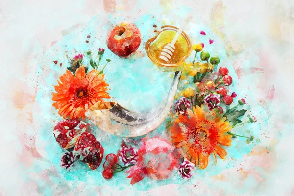 Watercolor style and abstract image of Rosh hashanah (jewish New Year holiday) concept. Traditional symbols — Stock Photo, Image