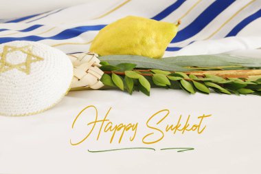 Sukkot Yahudi festivali din görüntüsü. Geleneksel semboller (Dört tür): Etrog, lulav, hadas, arava