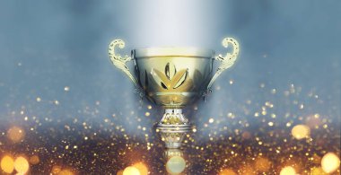 koyu dumanlı arka plan ve glitter ışıklar üzerinde altın kupa spor konsepti düşük anahtar görüntü