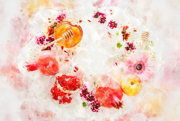 watercolor style and abstract image of Rosh hashanah (jewish New Year holiday) concept. Traditional symbols