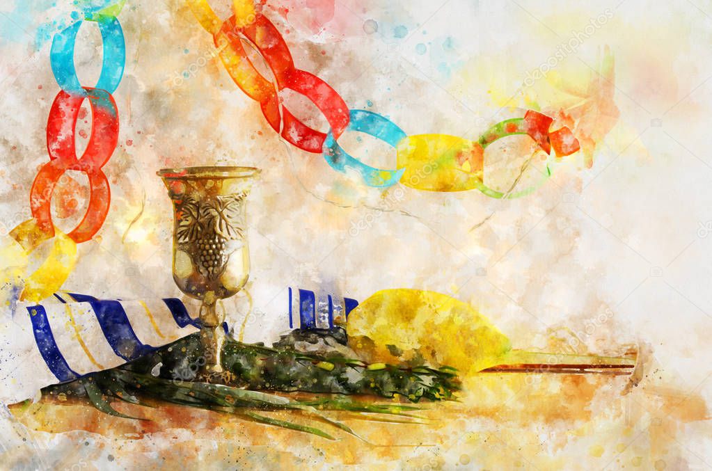 watercolor style and abstract image of Jewish festival of Sukkot. Traditional symbols (The four species): Etrog, lulav, hadas, arava