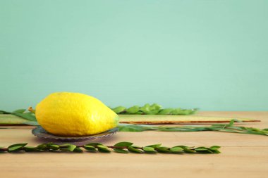 Sukkot Yahudi bayramı. Geleneksel Semboller (dört tür): Etrog, lulav, hadas, arava