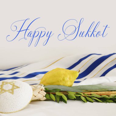 religion image of Jewish festival of Sukkot. Traditional symbols (The four species): Etrog, lulav, hadas, arava clipart