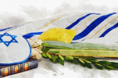 suluboya stil ve soyut resim Sukkot Yahudi festival. Geleneksel Semboller (dört tür): Etrog, lulav, hadas, arava