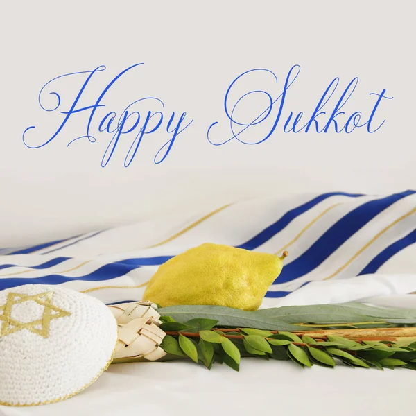 Sukkot Yahudi festivali din görüntüsü. Geleneksel semboller (Dört tür): Etrog, lulav, hadas, arava